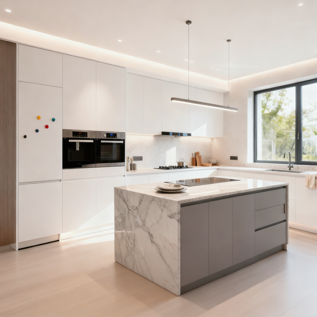 Illustrative kitchen reference with warm cabinetry and an island